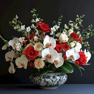 红白花卉精致花瓶插花