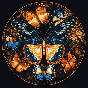 多彩蝴蝶环绕的圆形艺术图案