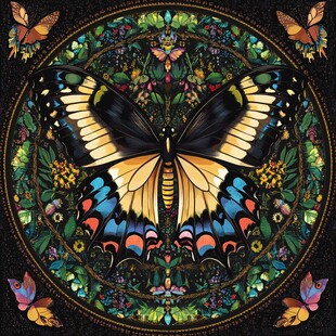 蝶舞繁花圆形精美插画