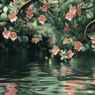 湖畔繁花映水的美丽景致