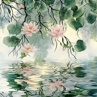 荷塘晨景 莲花垂柳映碧波