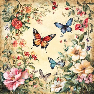 复古花卉蝴蝶装饰画图案