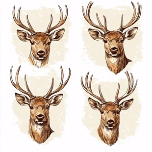 四张鹿头插画艺术作品