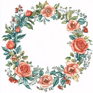 手绘玫瑰花卉花环图案