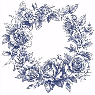 手绘蓝玫瑰花卉花环图案