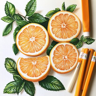 手绘鲜橙与绿叶彩铅画