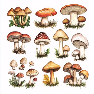 多样手绘蘑菇插画集合