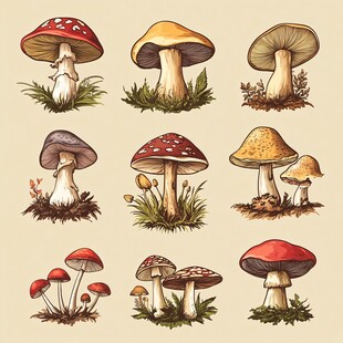 手绘多彩蘑菇插画集合