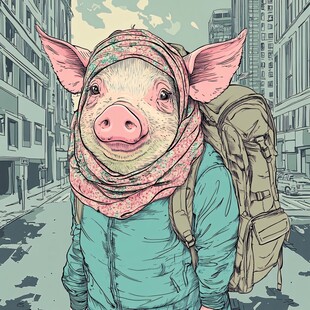 城市中背着背包的时髦小猪