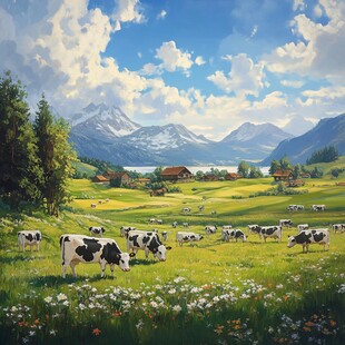 田园牧歌 奶牛与山间美景