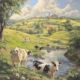 田园牧歌 溪边悠然的牛群