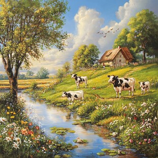 田园牧歌 溪边牛群与乡村景致