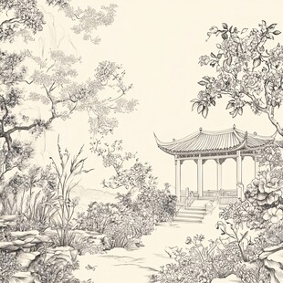 中式园林景致黑白线描图