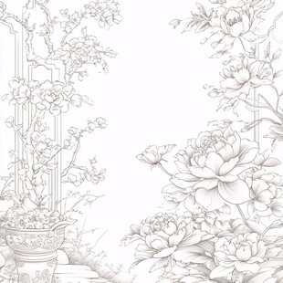中式花卉线描装饰图案