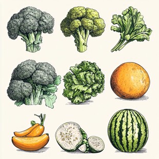 多样蔬菜水果手绘插画