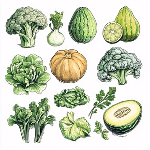 手绘多彩蔬菜瓜果集合