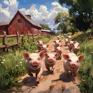 小猪奔跑在田园小路上