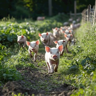 田园中奔跑的可爱小猪群