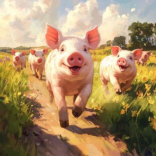 小猪欢快奔跑在田园小道