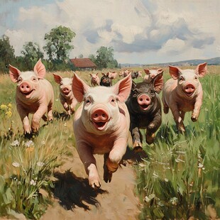 奔跑的猪群在田园间撒欢