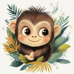 可爱小猴置身翠绿植物间