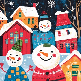 雪人与小屋的欢乐冬日场景