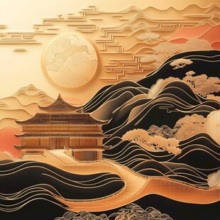 中式山水古建筑剪纸风画面
