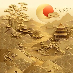 中式山水金韵古建筑图景