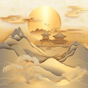 金色山水间的中式古韵意境