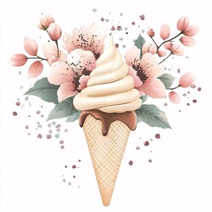 花朵环绕的美味冰淇淋