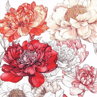 多彩手绘牡丹花插画图案