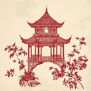 中式古典凉亭剪纸艺术图