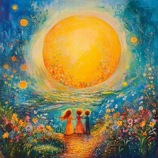 梦幻场景中孩童仰望大太阳