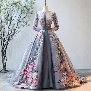 优雅灰调花卉刺绣长袖礼服