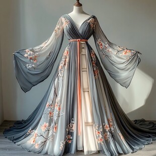 中式花卉刺绣拖地长裙