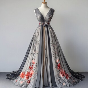 中式花卉刺绣长款晚礼服