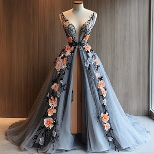 优雅灰调花朵刺绣晚礼服