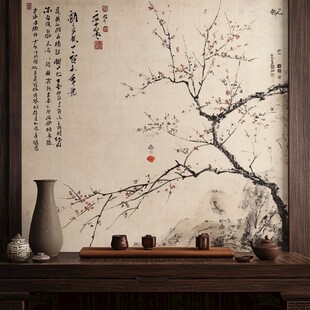 中式雅致茶室 梅花挂画场景