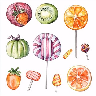 水彩绘水果与糖果插画