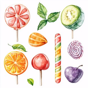 水彩绘多彩美味水果棒棒糖