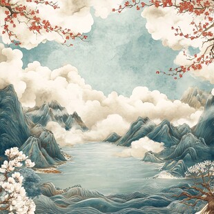 中式山水云海繁花美景图
