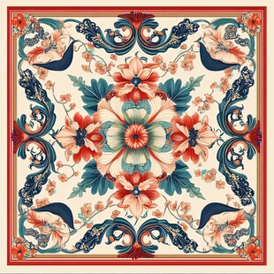 复古花卉图案方形丝巾设计