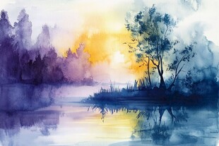 湖畔日出水彩画意境美景