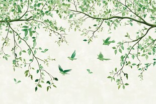 绿意枝头飞鸟图