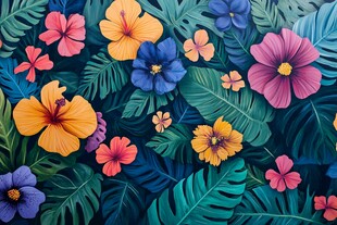 热带花卉与绿叶的绚丽图景