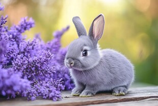 灰兔伴紫花的温馨画面