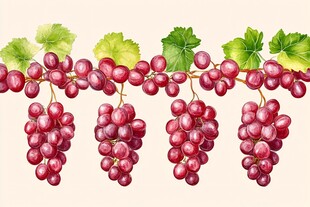 红葡萄与绿叶的水彩绘景