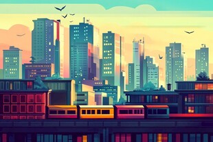 城市天际线与行驶中的列车