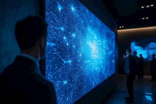 男子凝视科技感大屏场景