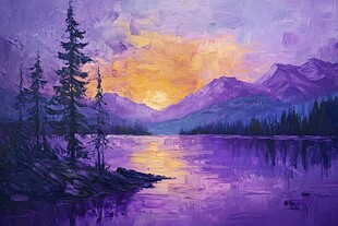 紫色湖畔的梦幻日落美景